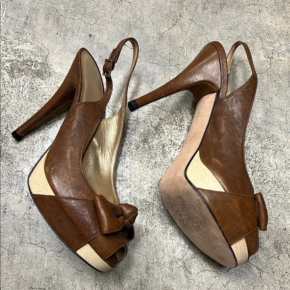 * Stuart Weitzman Brown and Cream Peep-Toe Heels - Picture 5 of 9